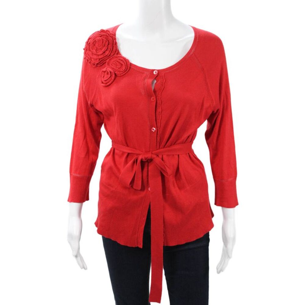 Luca Luca Womens Cardigan Sweater Red Silk Cashmere Blend 3/4 Sleeve Size XL